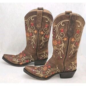 Womens Stetson Floral Embroidery Western Cowgirl Cowboy Boot Sz 6 Brown Leather